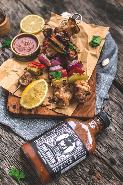 spicy hot sauce pork skewers