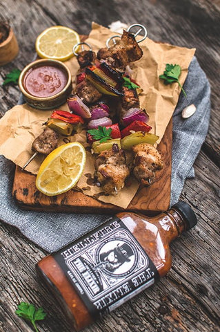 spicy hot sauce pork skewers