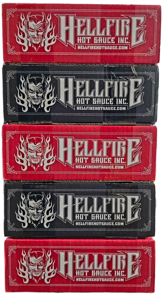 Stack of Hellfire Hot Sauce Inc. packaging in red, black, and white.