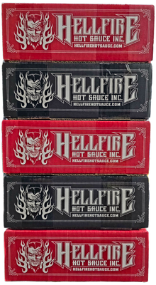 Stack of Hellfire Hot Sauce Inc. packaging in red, black, and white.