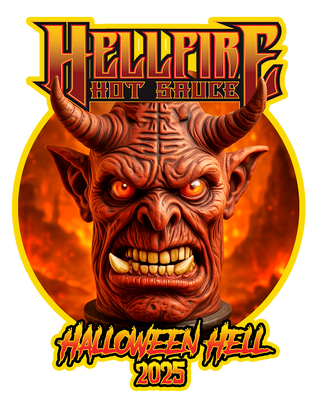 Hot sauce label with a devil-like creature and 'Hellfire Hot Sauce' text on an orange background.