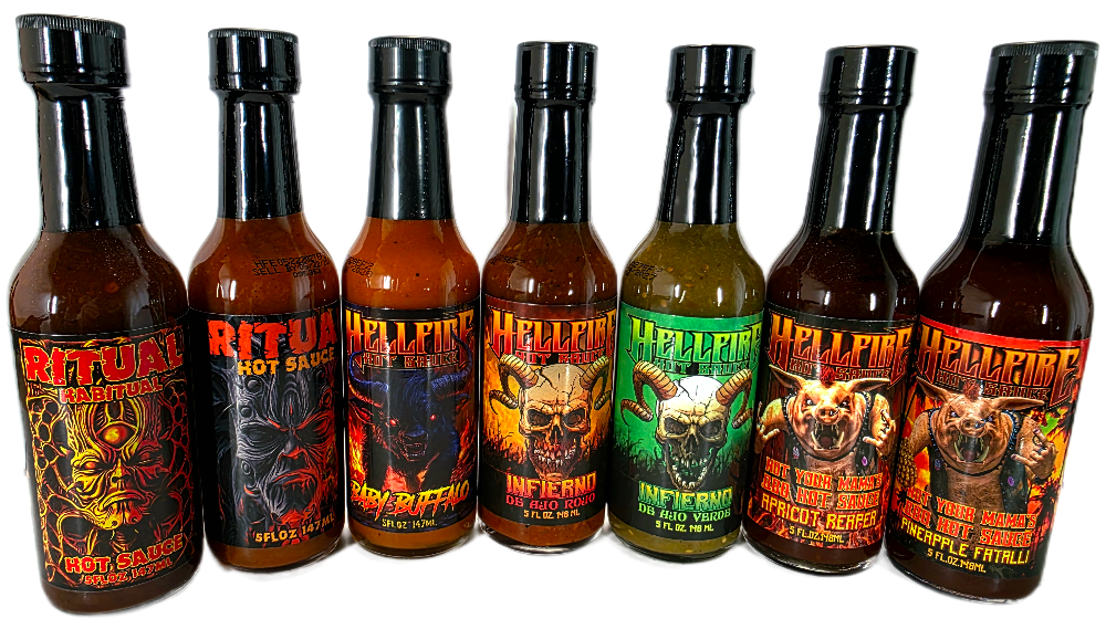Row of hot sauce bottles with various labels on a black background