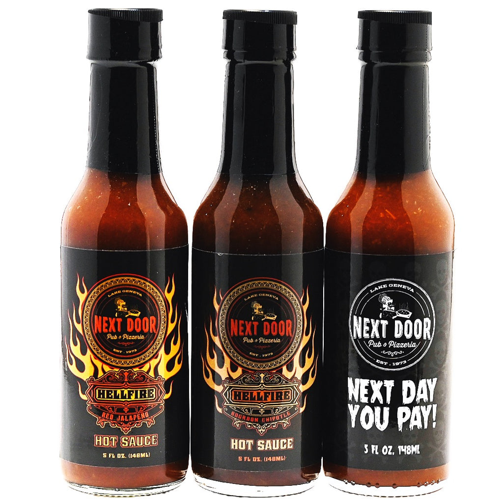 Next Door Pub Set with Bourbon Chipotle, Red Jalapeno & Next Day You Pay Hot Sauce 3 Pack - Next Door Pub Set with Bourbon Chipotle, Red Jalapeno & Next Day You Pay Hot Sauce 3 Pack - Hellfire Hot Sauce