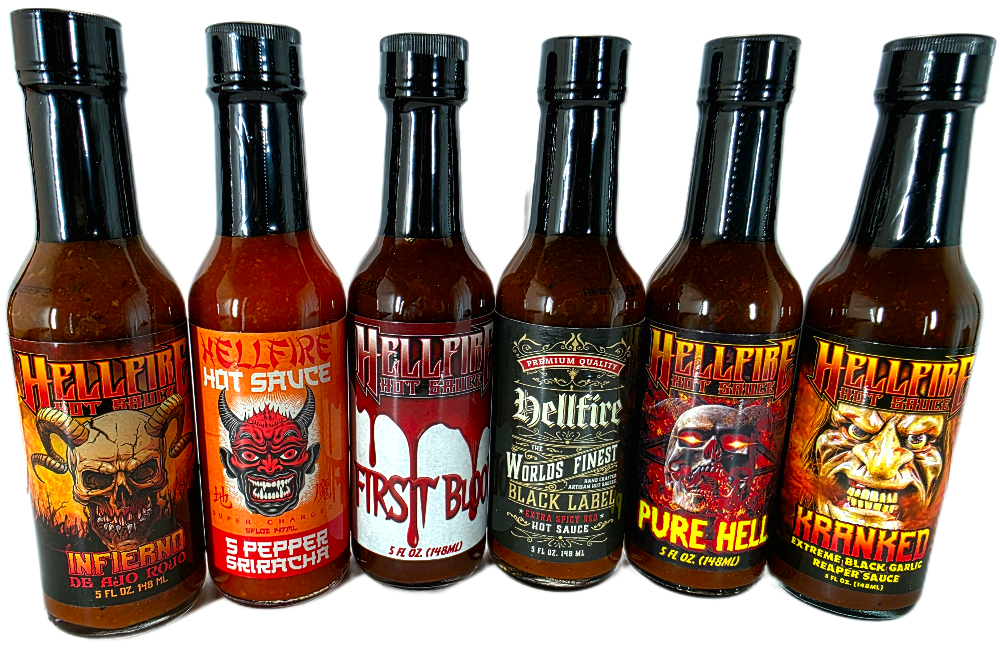 Seven bottles of Hellfire hot sauce with various labels on a white background