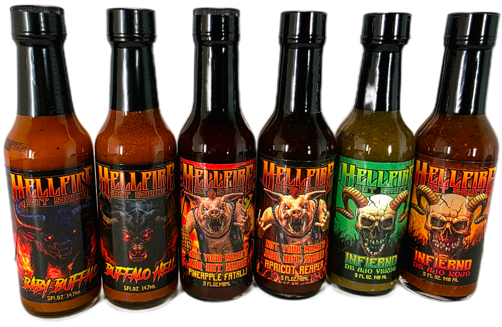 Seven bottles of Hellfire hot sauce with various labels on a white background